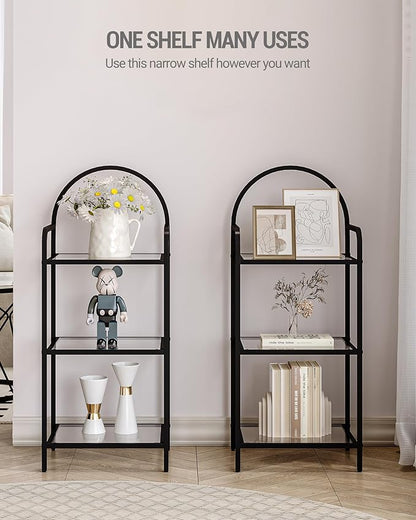 Bookcase Bookshelf, Tempered Glass Bookshelves, Slim Shelving Unit for Bedroom, Bathroom, Home Office, Steel Frame, 3 Tier Black BC10301B