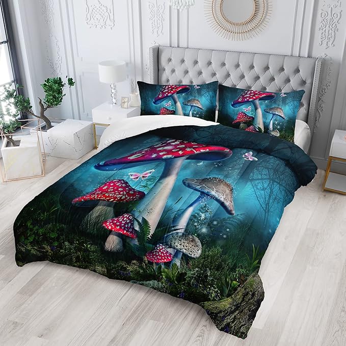 Red Mushroom Kawaii Comforter Set Full Size Kids Mushroom Butterfly Bedding Set Botanical Plant Theme Print Quilt Bed Set for Boys Girls Adults with 1 Comforter and 2 Pillowcases