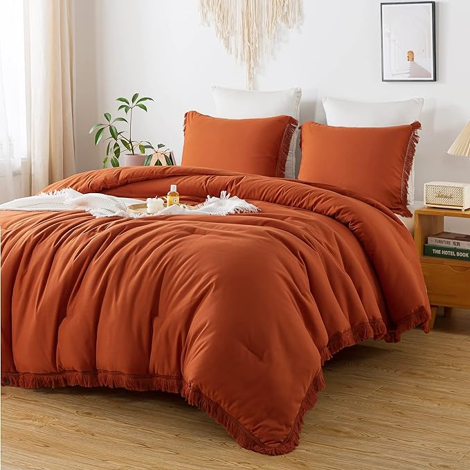 Andency King Size Comforter Set Burnt Orange, 3 Pieces Boho Terracotta Soft Lightweight Bedding Comforter Sets, Rust Tassel All Season Bed Set (104x90In Comforter & 2 Pillowcases)