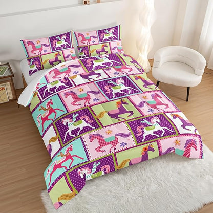 HOSIMA 3Pcs Kawaii Kids Horse Comforter Set with 2 Pillowcases,Colorful Dots Style Comforter for Adults Teens Princess Toddler Bedding Set,Horse Pony King Size Comforter Set.