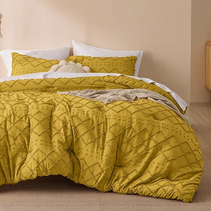 Bedsure Twin/Twin XL Comforter Set - Mustard Yellow Boho Twin Extra Long Comforter Set for College, Shabby Chic Dorm Bedding Set, 2 Pieces Modern Farmhouse Bed Set, includes 1 Pillow Sham