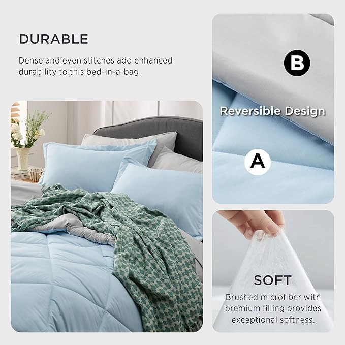Bedsure Sky Blue Full Size Comforter Set - 7 Pieces Reversible Full Bed in a Bag Full Bed Set with Comforters, Sheets, Pillowcases & Shams, Full Bedding Sets