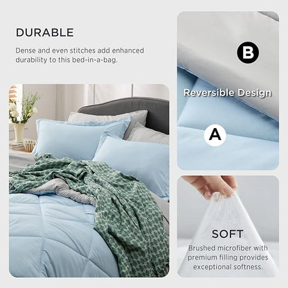 Bedsure Sky Blue Twin XL Comforter Set - 5 Pieces Reversible Twin XL Bed in a Bag Twin XL Bed Set with Comforters, Sheets, Pillowcase & Sham, Twin XL Bedding Sets