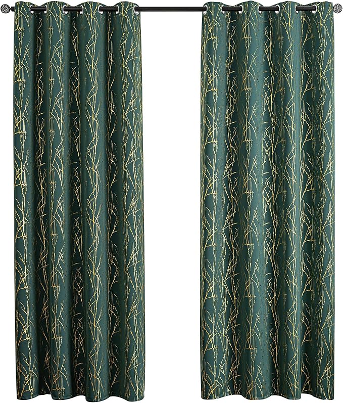 Grommets Blackout Long Window Curtains Green Gold-52W*108L 2PCS Drapes for Bedroom