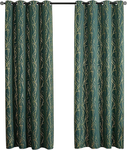 Grommets Blackout Long Window Curtains Green Gold-52W*108L 2PCS Drapes for Bedroom
