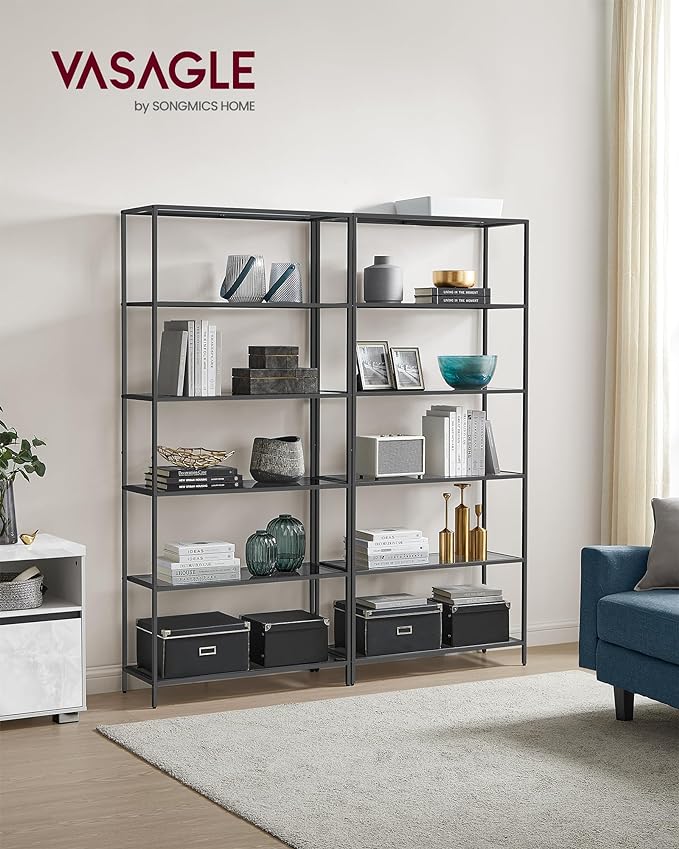 VASAGLE Bookcase, 6-Tier Bookshelf, Slim Shelving Unit for Bedroom, Bathroom, Home Office, Tempered Glass, Steel Frame, Ink Black and Slate Gray ULGT503G01