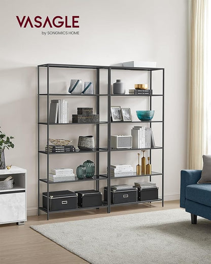 VASAGLE Bookcase, 6-Tier Bookshelf, Slim Shelving Unit for Bedroom, Bathroom, Home Office, Tempered Glass, Steel Frame, Ink Black and Slate Gray ULGT503G01