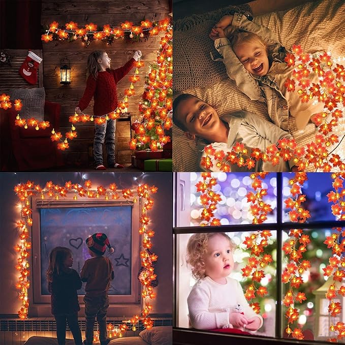 2 Pack Fall Garland with Pumpkin Lights Halloween Decorations Indoor 60 LED 20 Ft Enlarged Maples Leaves Fall Lights Battery Operated Halloween Garland Thanksgiving Decor Home Indoor Outdoor Christmas
