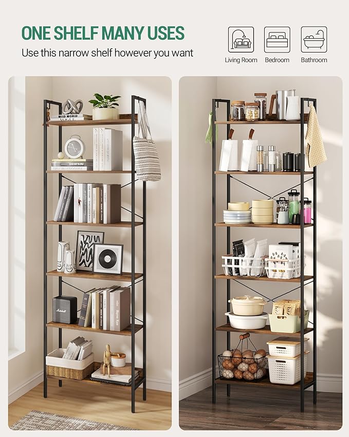 Bookshelf, Book Shelf, Industrial Bookcase with 2 Hooks, Coner Shelf Storage Organizer for Home Office, Living Room, Bedroom, Kitchen, 6-Tier Rustic Brown BC22701B