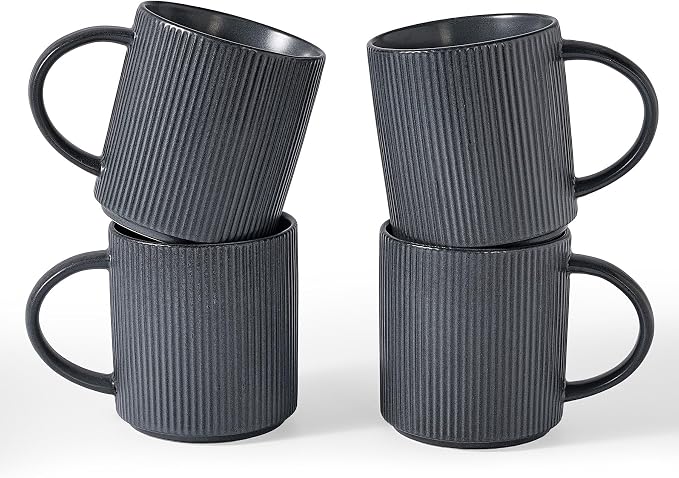 famiware Coffee Mug Set for 4, Star 16 oz Catering Mugs Cup Set with Handle for Coffee, Tea, Cocoa, Milk - Ceramic Stoneware Drinkware Set, Matte Dark Charcoal