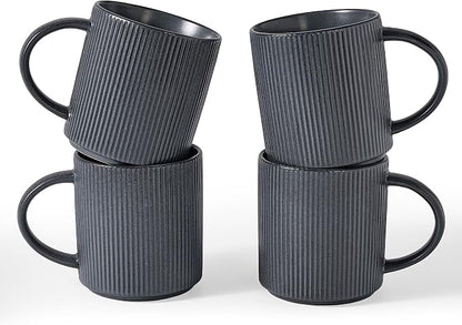 famiware Coffee Mug Set for 4, Star 16 oz Catering Mugs Cup Set with Handle for Coffee, Tea, Cocoa, Milk - Ceramic Stoneware Drinkware Set, Matte Dark Charcoal
