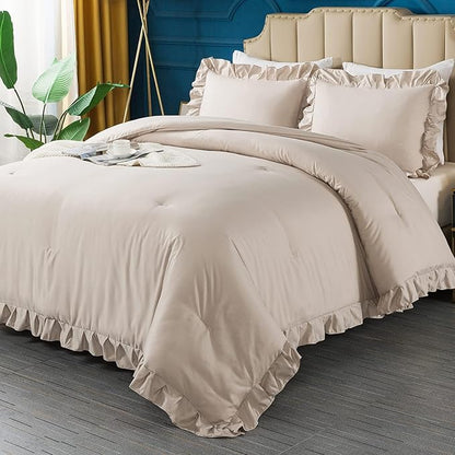 Andency California King Comforter Set Khaki (104x96Inch), 3 Pieces Cal King Ruffle Comforter, Oversized Farmhouse Shabby Chic Bed Comforter, Lighteweight and Soft Microfiber Bedding Set