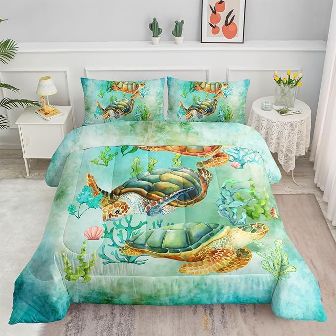 Datura home Sea Turtle Comforter Bedding Set for Kids Teens Adults,Watercolor Sea Turtle Light-Green and Blue Coral Seaweed Ocean Themed Comforter with 2 Pillowcases(Turtle Twin),Green Turtle