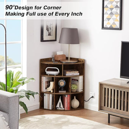Vecelo Corner Cabinet with Charging Station, 3-Tier Cube Storage Organizer with USB Ports and Outlets, Triangle Bookcases with 8 Cubbies for Playroom, Bedroom, Living Room, Brown