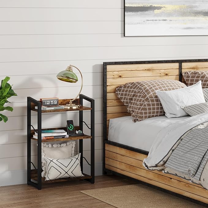 Book Shelf Small Bookshelf: 3-Tier Wood Bookcase Industrial Bookshelf with Edge Protection Metal Narrow Bookshelves Storage Organizer Display Rack for Bedroom Home Office (Rustic Brown)