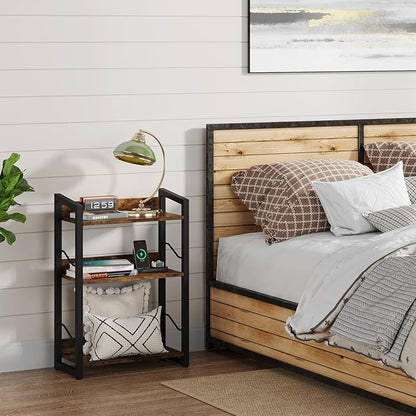 Book Shelf Small Bookshelf: 3-Tier Wood Bookcase Industrial Bookshelf with Edge Protection Metal Narrow Bookshelves Storage Organizer Display Rack for Bedroom Home Office (Rustic Brown)