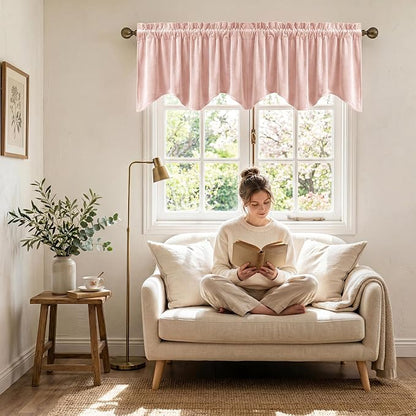 Pink Spring Decor Velvet Window Valance 52x18 Inch 1 Panel | Soft Wavy Pink Kitchen Curtains for Small Windows, Cute Decorative Window Treatment for Nursery Bedroom
