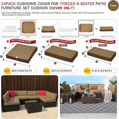 ClawsCover 14Pack Outdoor Patio Seat and Back Cushions Replacement Covers Fit for 7Pieces 6-Seater Wicker Rattan Sectional Couch Chair Furniture Set,Taupe-Include Cover Only (Large)
