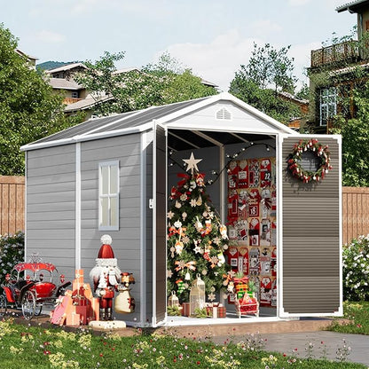 8X6 FT Resin Outdoor Storage Shed with Floor,Water Drainge Roof Plastic Sheds with Windows and Lockable Doors,Thickened Panel All-Weather Resistant Tool Storage Shed for Garden Backyard Patio, Grey