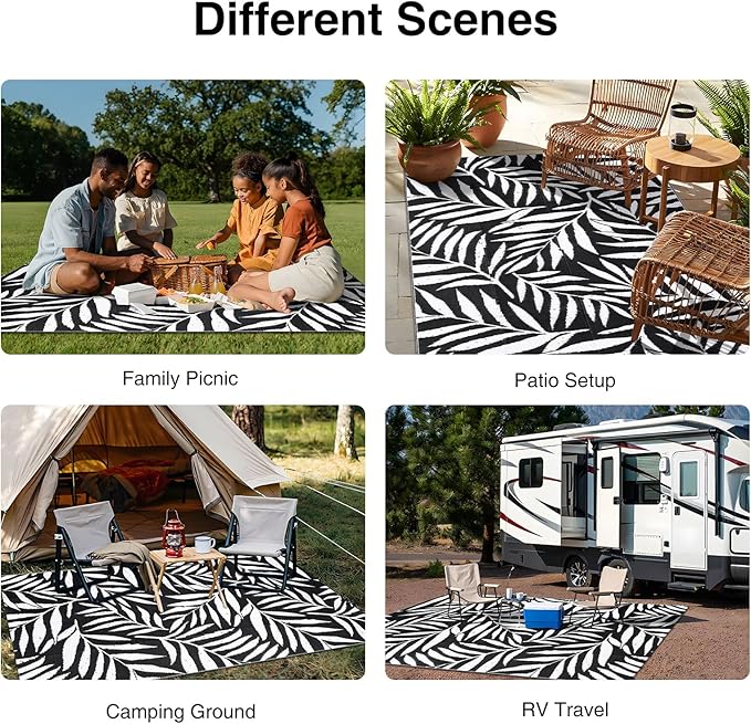 OLANLY Waterproof Outdoor Rug 5x8 ft, Reversible Outdoor Plastic Straw Rug with Leaf Pattern, RV Mat, Indoor Outdoor Carpet for Patio, Camping, Balcony, Deck, Backyard, Black & White