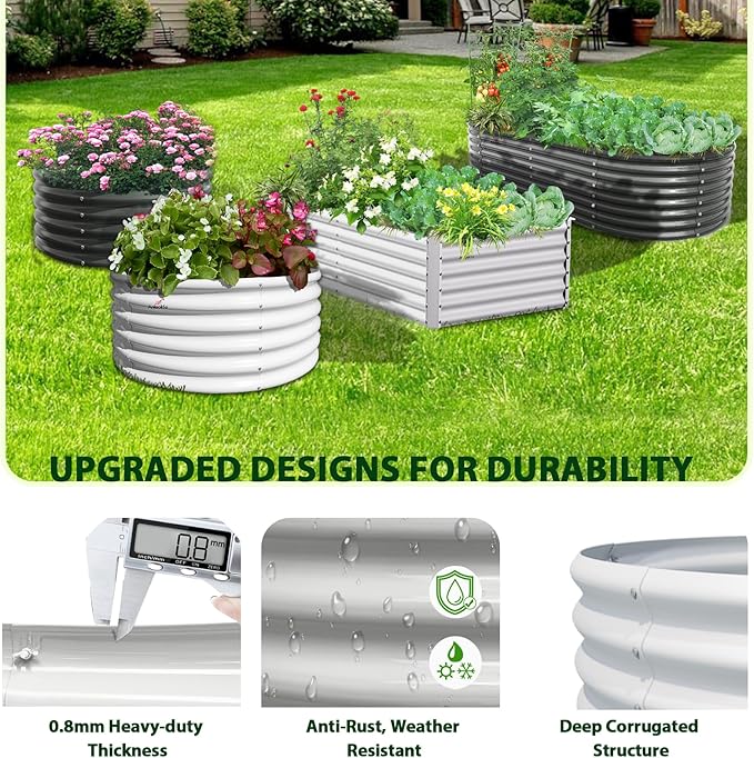 A ANLEOLIFE 6X2X1.5 ft Galvanized Raised Garden Beds Outdoor, Oval Round Metal Planter Box for Planting Vegetables Flowers Herb, Anti-Rust & Easy-Setup, Antique White