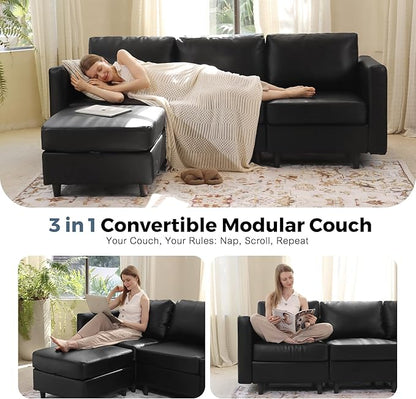 118.5" Faux Leather Modular Sectional Sofa with Storage Seat, Oversized 4 Seater Couch Deep Seat with Removable Cover Black