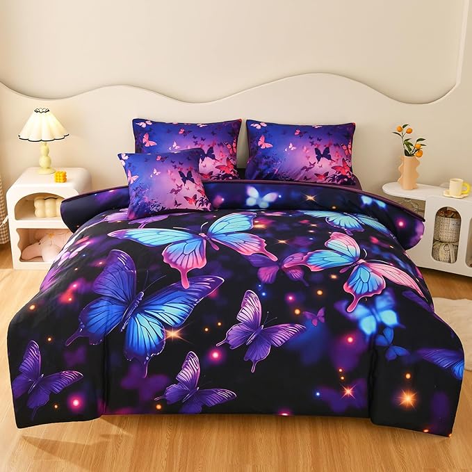 DORCAS Butterfly Comforter Sets for Girls,Twin Size Butterfly Bedding Sets Girls,6 Pieces Girls Bedding Sets Twin with Comforter Sheets for Teens Kids