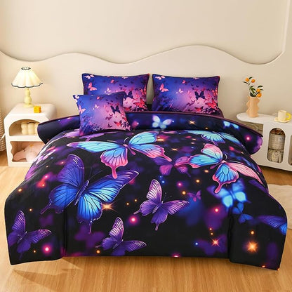 DORCAS Butterfly Comforter Sets for Girls,Twin Size Butterfly Bedding Sets Girls,6 Pieces Girls Bedding Sets Twin with Comforter Sheets for Teens Kids