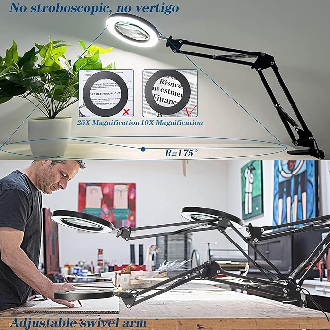 HITTI 5X Magnifying Glass with Light with Clamp, 3 Color Modes Stepless Dimmable Magnifying Lamp, 72 LEDs Real Glass Lens Magnifier with Light and Stand for Close Work Craft Hobby Reading Workbench