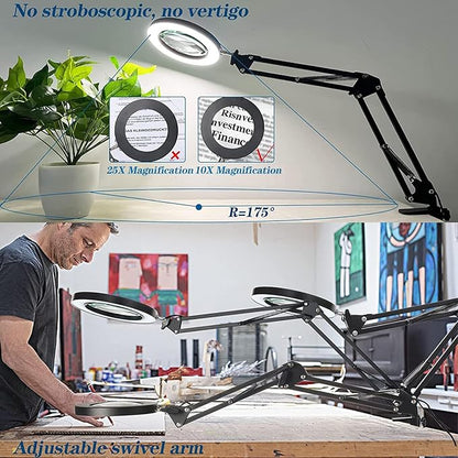 HITTI 5X Magnifying Glass with Light with Clamp, 3 Color Modes Stepless Dimmable Magnifying Lamp, 72 LEDs Real Glass Lens Magnifier with Light and Stand for Close Work Craft Hobby Reading Workbench