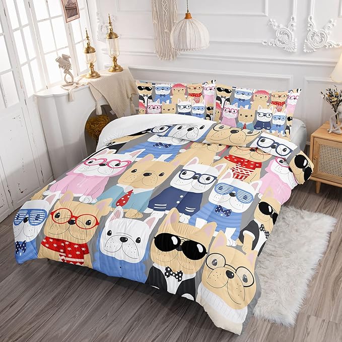 Datura home Dog Comforter Beddding Set for Kids Children,Puppy Pug Cute Dog Pattern Cartoon Career Pet Bedding Set with 1 Comforter and 2 Pillowcases(Dog Queen)
