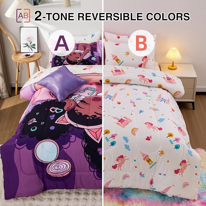 A Nice Night Purple Comforter Sets,Black Girl Listening Music Printed, 6Pcs Bed in A Bag Twin Size All Seasons Bedding Set,for Kids, Girls