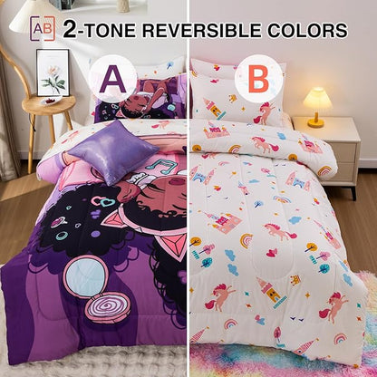 A Nice Night Purple Comforter Sets,Black Girl Listening Music Printed, 6Pcs Bed in A Bag Twin Size All Seasons Bedding Set,for Kids, Girls