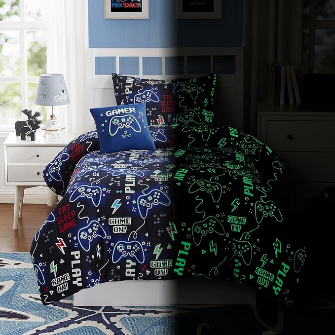 KALEIDOSPACE Kids Comforter Set Full Size for Boys, Glow in The Dark Gamer Bedding Set Full-1 Full Comforter, 1 Decor Pillow, 2 Pillow Shams