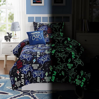 KALEIDOSPACE Kids Comforter Set Full Size for Boys, Glow in The Dark Gamer Bedding Set Full-1 Full Comforter, 1 Decor Pillow, 2 Pillow Shams