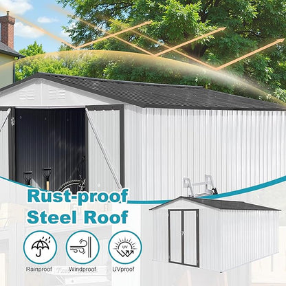 Sheds & Outdoor Storage 12 ft × 10 ft Storage Shed Large Classic Apex Roof Metal Garden Storage Sheds with Hinged Door Tool Cabinet for Backyard, Patio, Poolside, White + Gray
