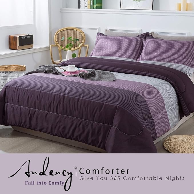 Andency Stripe Comforter Set Twin Size (66x90 Inch), 2 Pieces Purple and Gray Patchwork Striped Comforter, Soft Microfiber Down Alternative Comforter Bedding Set with Corner Loops
