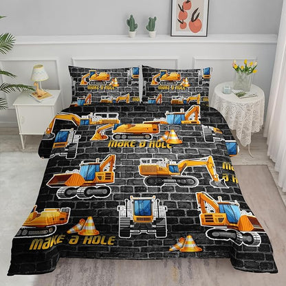 Axolotl Excavator Bedding Set Queen Size,Yellow Excavator Bed Comforter for Kids Boys Teens,Tractor Truck Bedding Set for Boys,Construction Bedding Set for Boys,1 Quilt 2 Pillowcases,Deep Grey