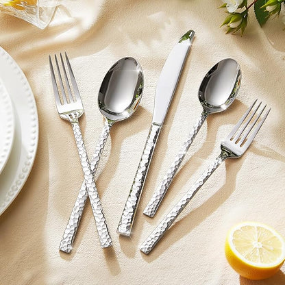 KINGSTONE 40 Piece Hammered Silverware Set, 18/10 Stainless Steel Flatware Set for 8, Cutlery Set for Home, Party, Wedding, Mirror Polished Dishwasher Safe