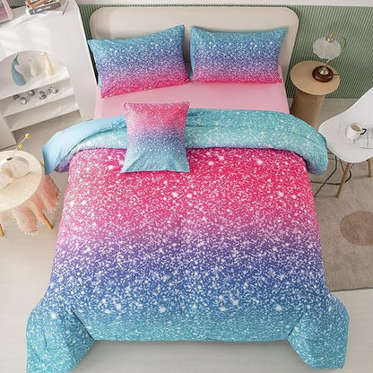 PERFEMET 6Pcs Pink Full Size Comforter Sets for Girls Colorful Rainbow Glitter Kids Bedding Set Sparkly Pastel Ombre Teen Girl Bed in A Bag Comforter Set with Sheets (Pink Blue, Full)