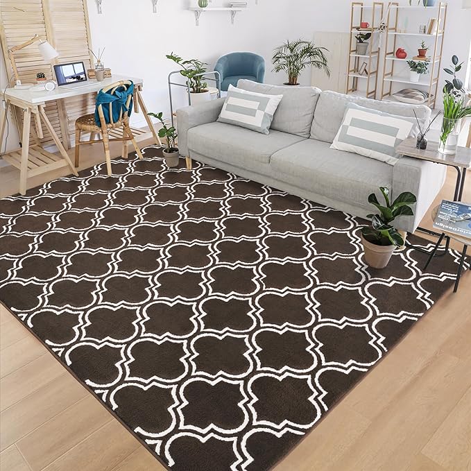 Chicrug Shag Geometric 7x10 Area Rug for Living Room, Large Modern Memory Foam Indoor Carpet, Fluffy Rug for Bedroom Bedside Room Decor for Family Girls Kids Nursery, Brown/White