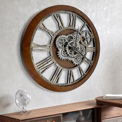 HOIBAI Clocks for Living Room Decor, Large Wall Clock 24 in (60cm) Clocks Wall Decor, Moving Gear Wall Clock, Farmhouse Vintage Industrial Oversized