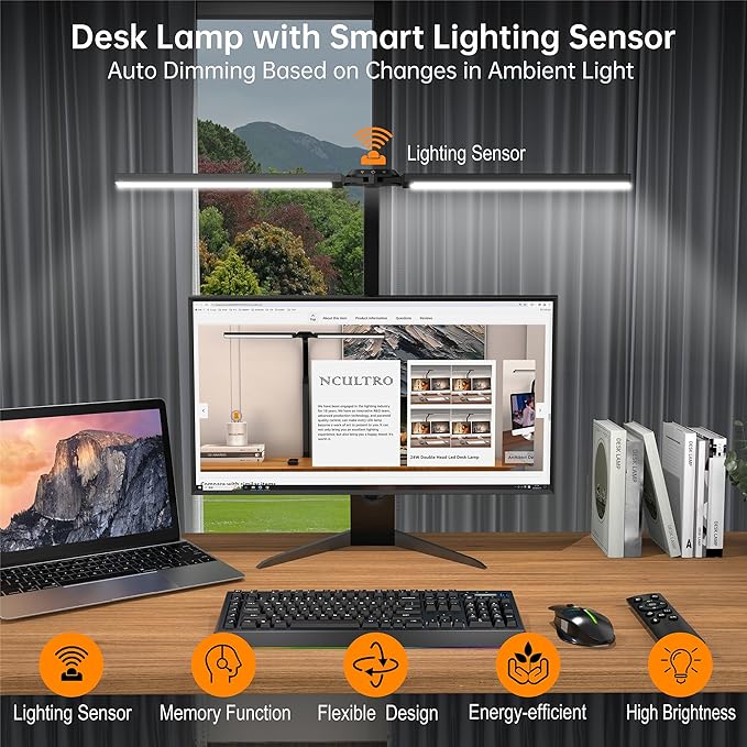 LED Desk Lamp for Home Office, Bright Adjustable Gooseneck Architect Desk Lamp with Clamp, Smart Dimmable Computer Desk Lamp with Remote & Sensor, Clip Table Light for Work Study Reading, 24W