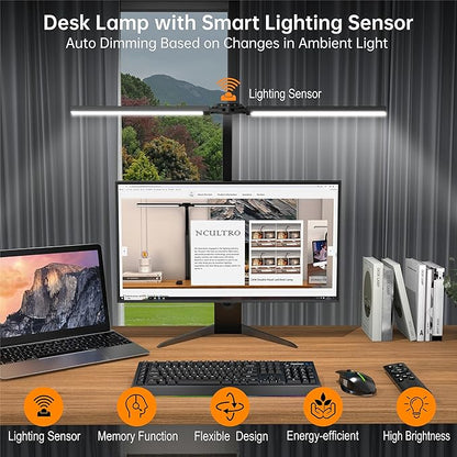 LED Desk Lamp for Home Office, Bright Adjustable Gooseneck Architect Desk Lamp with Clamp, Smart Dimmable Computer Desk Lamp with Remote & Sensor, Clip Table Light for Work Study Reading, 24W