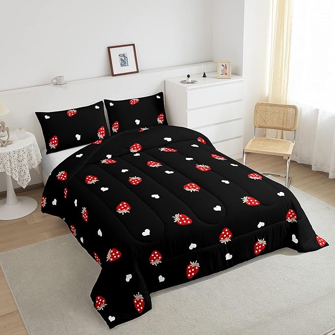 Kawaii Bedding Strawberry Comforter Set Twin Size Strawberry Decor Down Comforter Red Strawberry Bedding Set Cute Fruits Theme Sweet Strawberry Quilt Set Soft Reversible With 1 Pillowcase, Red Black