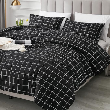 Andency Black Grid Comforter Set King Size (104x90 Inch), 3 Pieces(1 Grid Comforter and 2 Pillowcases), Summer Lightweight Microfiber Down Alternative Black Comforter with White Lines