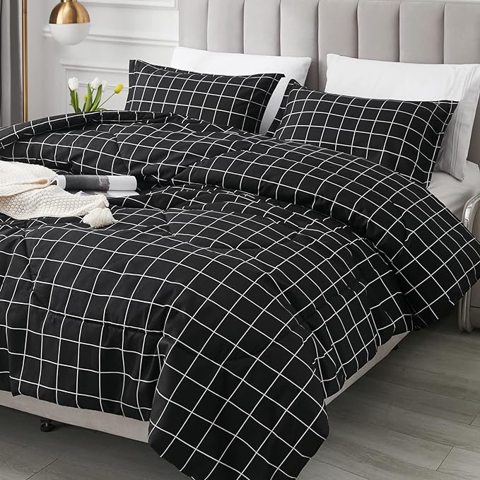 Andency Black Grid Comforter Set Full Size (79x90 Inch), 3 Pieces(1 Grid Comforter and 2 Pillowcases), Summer Lightweight Microfiber Down Alternative Black Comforter with White Lines
