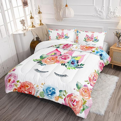 Datura home Unicorn Floral Watercolor Flower Comforter Bedding Set for Girls Teens Adults,Colorful Lovely Roses Blooms Print Design Unicorn Bedding Set(Unicorn Twin)