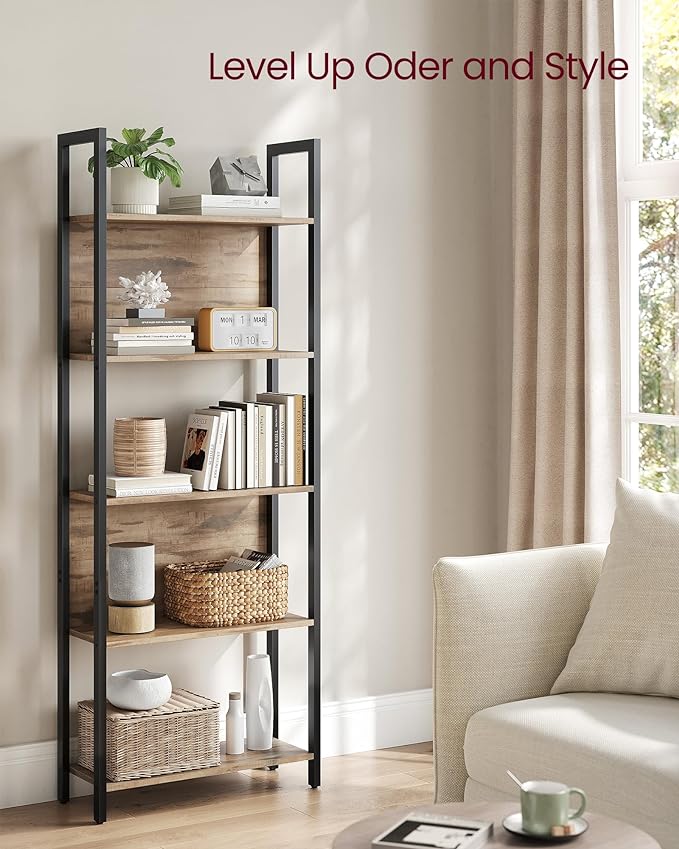VASAGLE 5-Tier Bookshelf, Book Shelf, Industrial Bookcase, with Steel Frame, for Living Room, Home Office, Bedroom, 9.4 x 24.4 x 65 Inches, Camel Brown and Black ULLS025B50