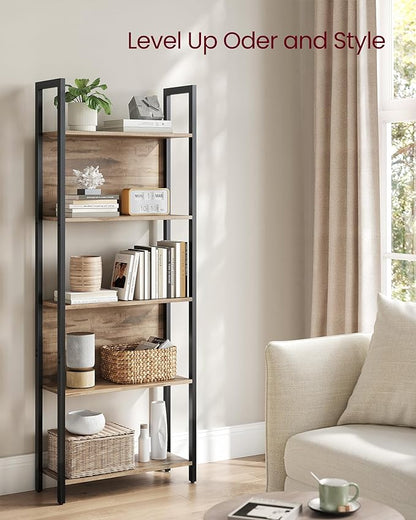 VASAGLE 5-Tier Bookshelf, Book Shelf, Industrial Bookcase, with Steel Frame, for Living Room, Home Office, Bedroom, 9.4 x 24.4 x 65 Inches, Camel Brown and Black ULLS025B50